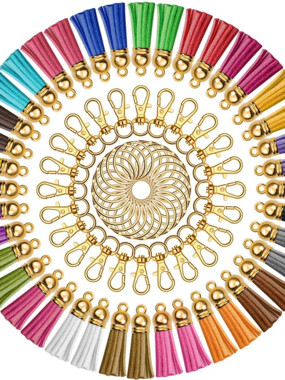 100Pcs Craft Tassel Set - 50 Tassels, 25 Lobster Clasp Keychains, 25 Rings for A
